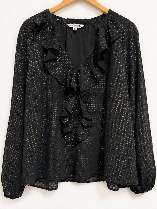 Nanette Lepore Tops - Nanette Lepore Black Gold Metallic Thread Ruffle Blouse XL Sheer Sleeve Feminine